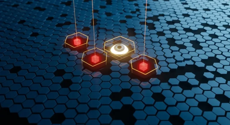 Sistema de detección de amenazas con IA mostrando ojo vigilante sobre superficie hexagonal con alertas rojas en ciberseguridad