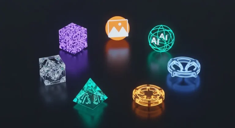 Conjunto de herramientas de inteligencia artificial representadas como objetos 3D brillantes: modelo de lenguaje, generación de imagen, código y automatización