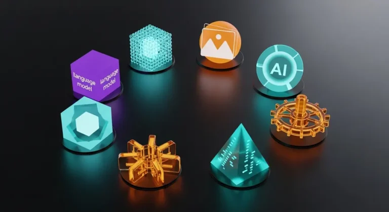 Ecosistema de inteligencia artificial con objetos 3D que representan las principales herramientas tecnológicas actuales