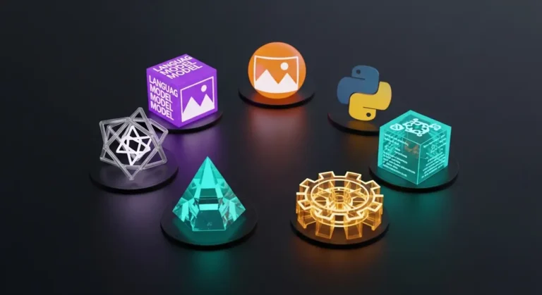Conjunto de herramientas de inteligencia artificial representadas como objetos 3D brillantes: modelo de lenguaje, generación de imagen, código y automatización