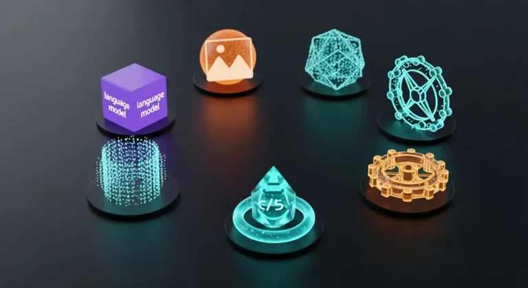 Colección visual de herramientas IA: cubo LLM morado, esfera de imágenes naranja, pirámide de código teal sobre fondo oscuro