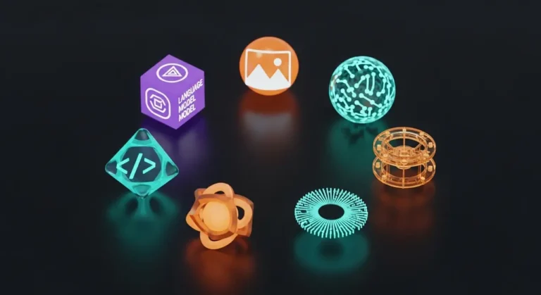 Ecosistema de inteligencia artificial con objetos 3D que representan las principales herramientas tecnológicas actuales