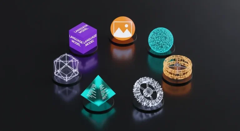 Colección visual de herramientas IA: cubo LLM morado, esfera de imágenes naranja, pirámide de código teal sobre fondo oscuro