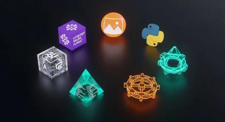 Ecosistema de inteligencia artificial con objetos 3D que representan las principales herramientas tecnológicas actuales