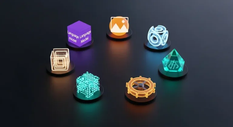 Colección visual de herramientas IA: cubo LLM morado, esfera de imágenes naranja, pirámide de código teal sobre fondo oscuro