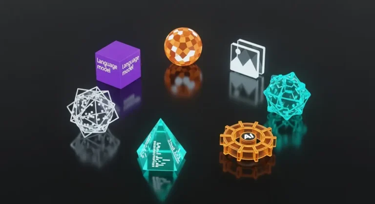 Ecosistema de inteligencia artificial con objetos 3D que representan las principales herramientas tecnológicas actuales
