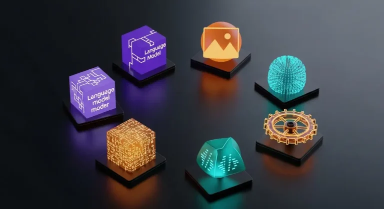 Conjunto de herramientas de inteligencia artificial representadas como objetos 3D brillantes: modelo de lenguaje, generación de imagen, código y automatización