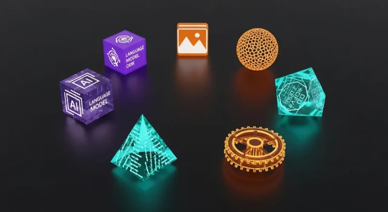 Ecosistema de inteligencia artificial con objetos 3D que representan las principales herramientas tecnológicas actuales