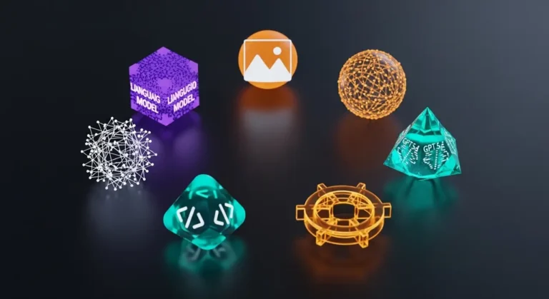 Conjunto de herramientas de inteligencia artificial representadas como objetos 3D brillantes: modelo de lenguaje, generación de imagen, código y automatización