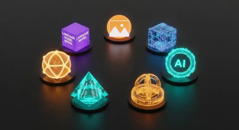 Colección visual de herramientas IA: cubo LLM morado, esfera de imágenes naranja, pirámide de código teal sobre fondo oscuro