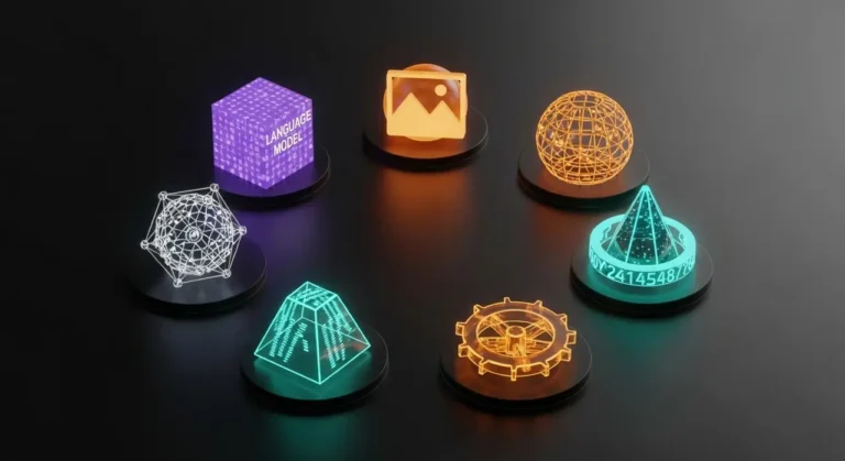 Ecosistema de inteligencia artificial con objetos 3D que representan las principales herramientas tecnológicas actuales