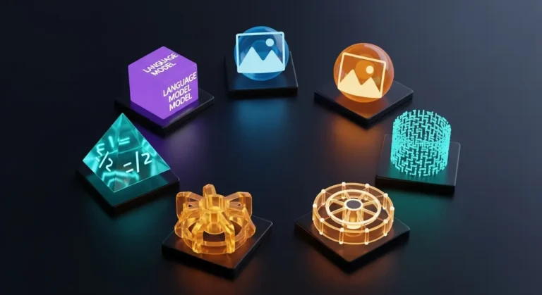 Conjunto de herramientas de inteligencia artificial representadas como objetos 3D brillantes: modelo de lenguaje, generación de imagen, código y automatización