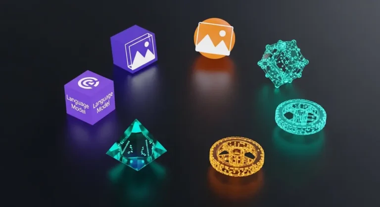 Colección visual de herramientas IA: cubo LLM morado, esfera de imágenes naranja, pirámide de código teal sobre fondo oscuro
