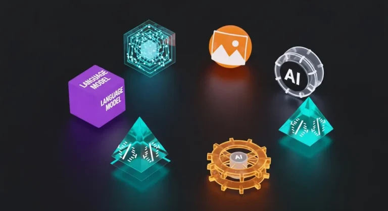 Ecosistema de inteligencia artificial con objetos 3D que representan las principales herramientas tecnológicas actuales