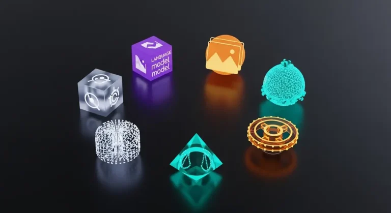 Conjunto de herramientas de inteligencia artificial representadas como objetos 3D brillantes: modelo de lenguaje, generación de imagen, código y automatización