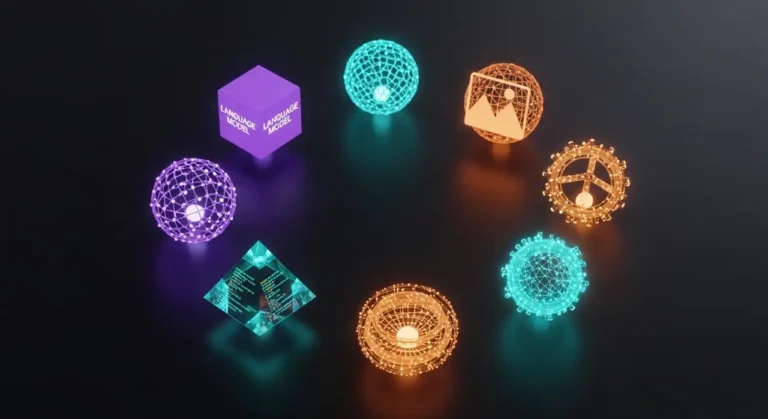 Colección visual de herramientas IA: cubo LLM morado, esfera de imágenes naranja, pirámide de código teal sobre fondo oscuro