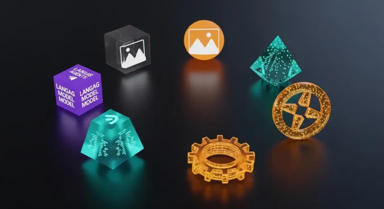 Colección visual de herramientas IA: cubo LLM morado, esfera de imágenes naranja, pirámide de código teal sobre fondo oscuro