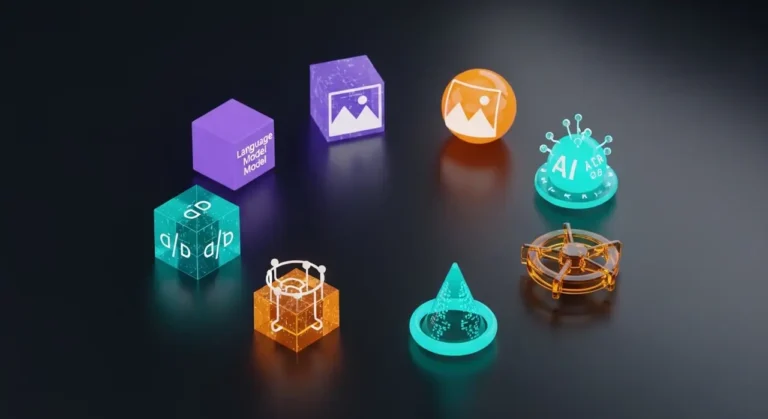 Conjunto de herramientas de inteligencia artificial representadas como objetos 3D brillantes: modelo de lenguaje, generación de imagen, código y automatización