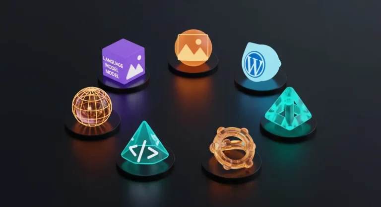 Ecosistema de inteligencia artificial con objetos 3D que representan las principales herramientas tecnológicas actuales