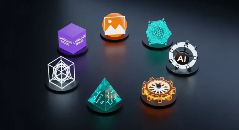 Conjunto de herramientas de inteligencia artificial representadas como objetos 3D brillantes: modelo de lenguaje, generación de imagen, código y automatización