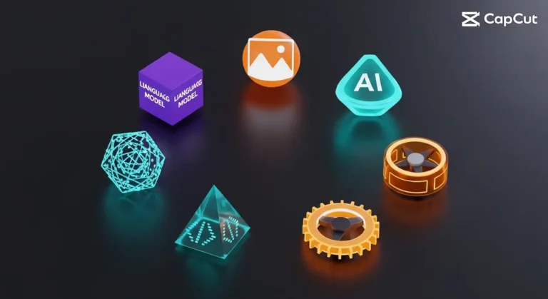 Colección visual de herramientas IA: cubo LLM morado, esfera de imágenes naranja, pirámide de código teal sobre fondo oscuro