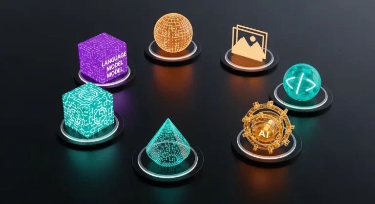 Ecosistema de inteligencia artificial con objetos 3D que representan las principales herramientas tecnológicas actuales