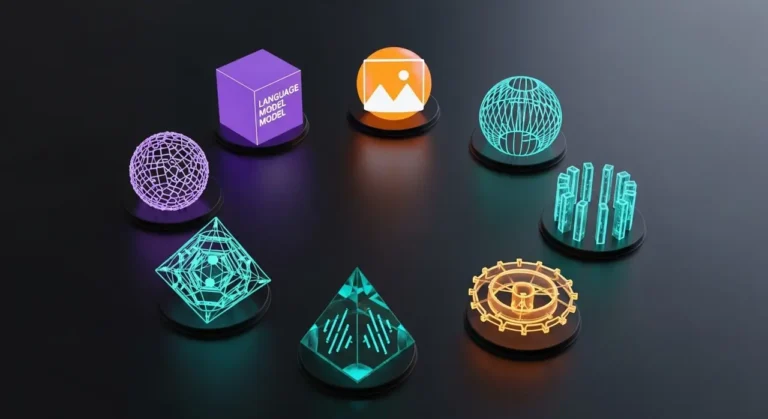 Colección visual de herramientas IA: cubo LLM morado, esfera de imágenes naranja, pirámide de código teal sobre fondo oscuro