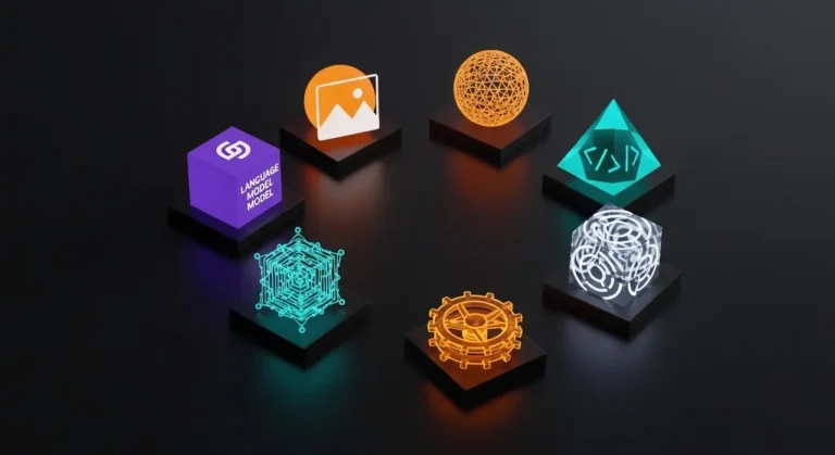 Ecosistema de inteligencia artificial con objetos 3D que representan las principales herramientas tecnológicas actuales
