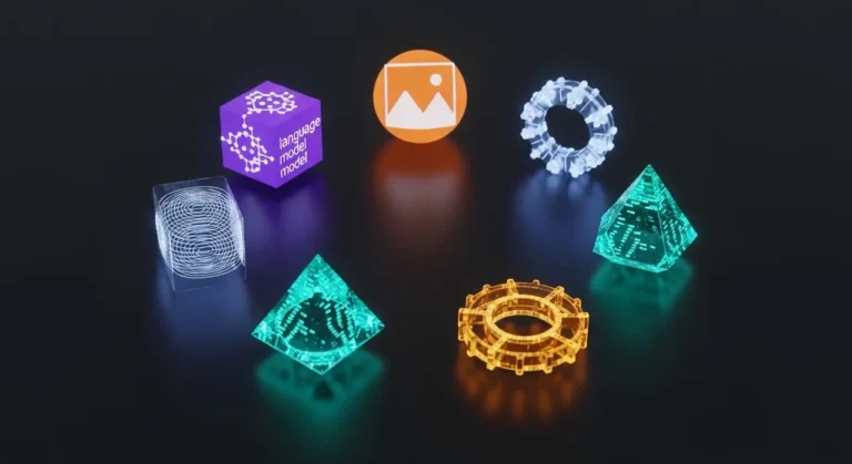 Conjunto de herramientas de inteligencia artificial representadas como objetos 3D brillantes: modelo de lenguaje, generación de imagen, código y automatización