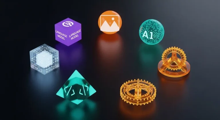 Colección visual de herramientas IA: cubo LLM morado, esfera de imágenes naranja, pirámide de código teal sobre fondo oscuro