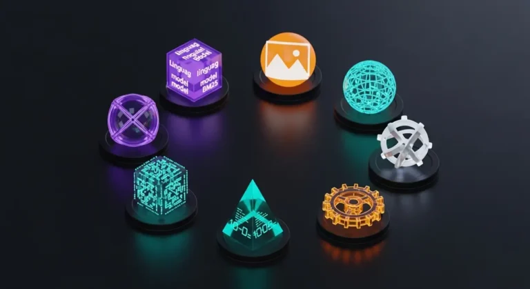 Conjunto de herramientas de inteligencia artificial representadas como objetos 3D brillantes: modelo de lenguaje, generación de imagen, código y automatización