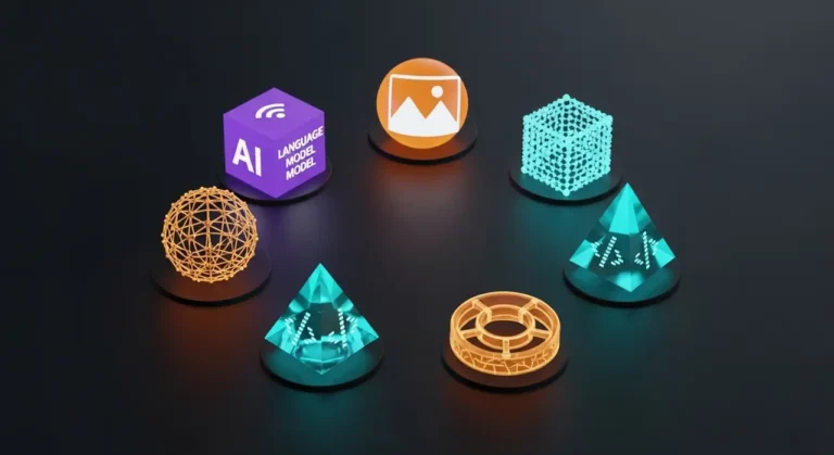 Colección visual de herramientas IA: cubo LLM morado, esfera de imágenes naranja, pirámide de código teal sobre fondo oscuro