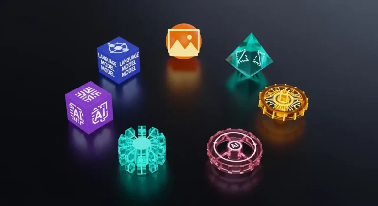 Conjunto de herramientas de inteligencia artificial representadas como objetos 3D brillantes: modelo de lenguaje, generación de imagen, código y automatización