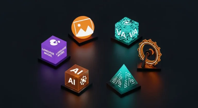 Colección visual de herramientas IA: cubo LLM morado, esfera de imágenes naranja, pirámide de código teal sobre fondo oscuro