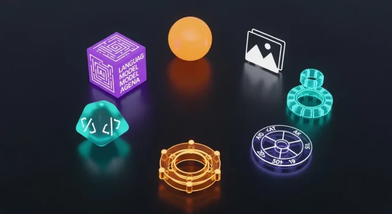 Conjunto de herramientas de inteligencia artificial representadas como objetos 3D brillantes: modelo de lenguaje, generación de imagen, código y automatización