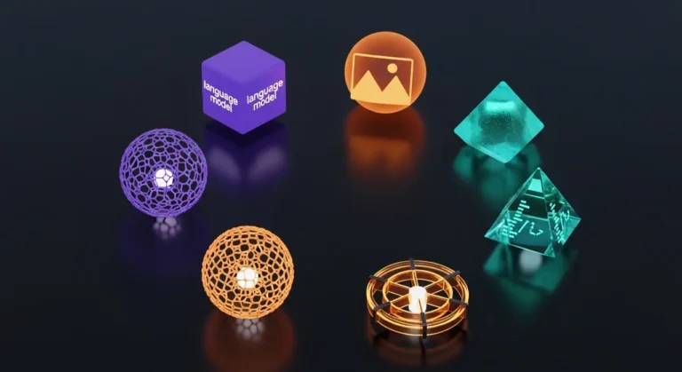 Ecosistema de inteligencia artificial con objetos 3D que representan las principales herramientas tecnológicas actuales