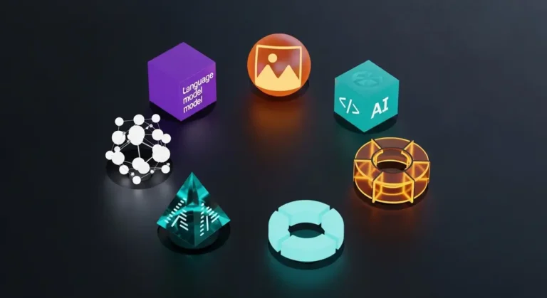 Conjunto de herramientas de inteligencia artificial representadas como objetos 3D brillantes: modelo de lenguaje, generación de imagen, código y automatización
