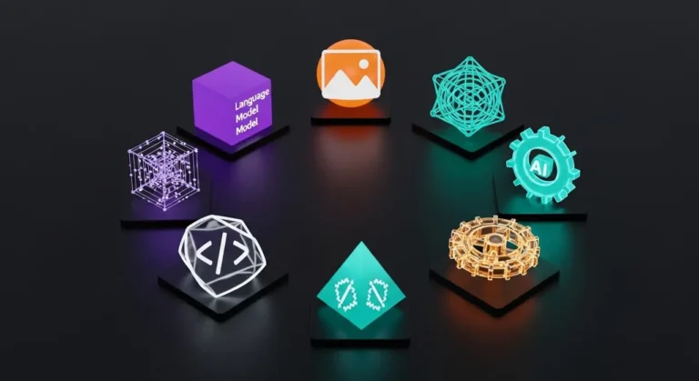 Ecosistema de inteligencia artificial con objetos 3D que representan las principales herramientas tecnológicas actuales