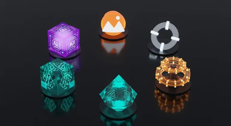 Colección visual de herramientas IA: cubo LLM morado, esfera de imágenes naranja, pirámide de código teal sobre fondo oscuro