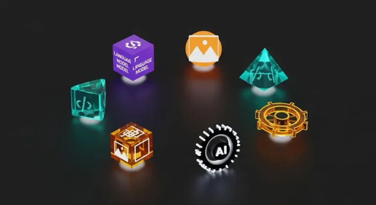 Ecosistema de inteligencia artificial con objetos 3D que representan las principales herramientas tecnológicas actuales