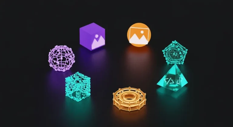 Conjunto de herramientas de inteligencia artificial representadas como objetos 3D brillantes: modelo de lenguaje, generación de imagen, código y automatización