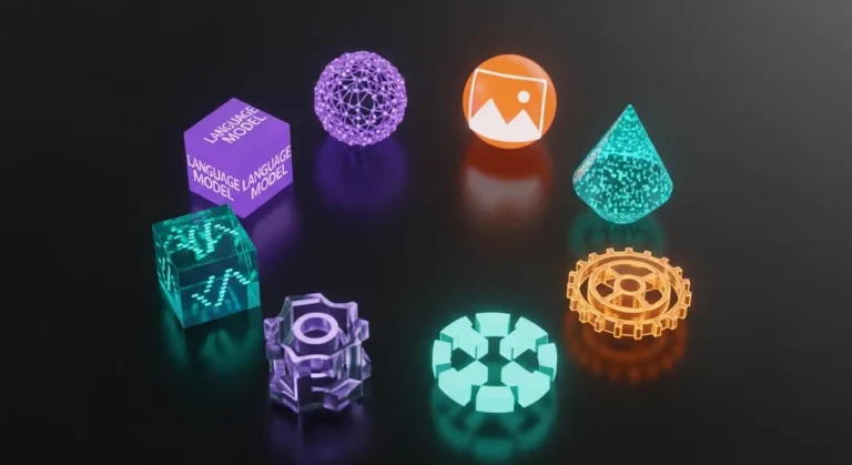 Conjunto de herramientas de inteligencia artificial representadas como objetos 3D brillantes: modelo de lenguaje, generación de imagen, código y automatización