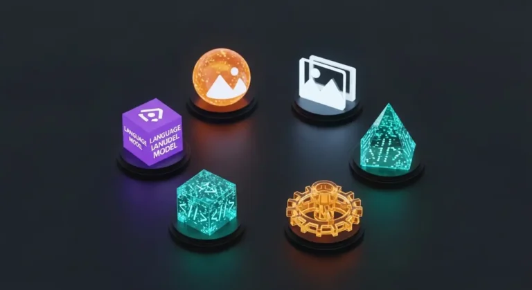 Conjunto de herramientas de inteligencia artificial representadas como objetos 3D brillantes: modelo de lenguaje, generación de imagen, código y automatización