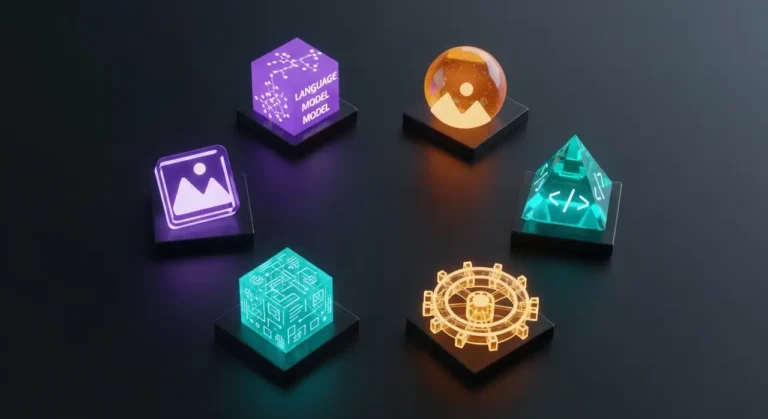 Colección visual de herramientas IA: cubo LLM morado, esfera de imágenes naranja, pirámide de código teal sobre fondo oscuro