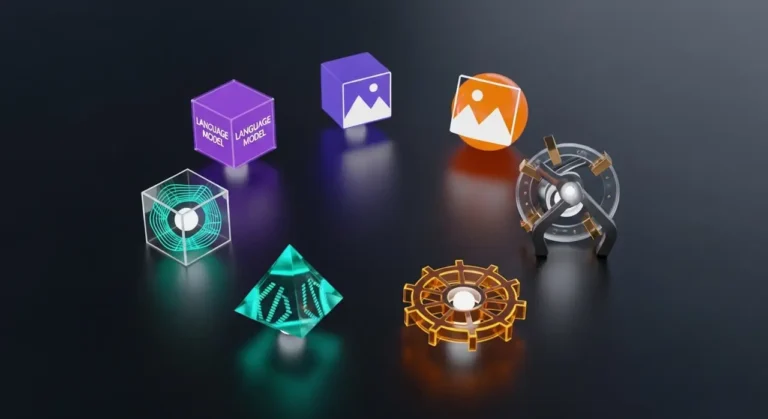 Ecosistema de inteligencia artificial con objetos 3D que representan las principales herramientas tecnológicas actuales