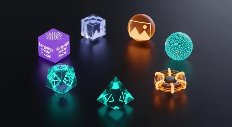 Colección visual de herramientas IA: cubo LLM morado, esfera de imágenes naranja, pirámide de código teal sobre fondo oscuro