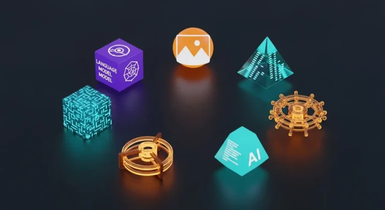 Ecosistema de inteligencia artificial con objetos 3D que representan las principales herramientas tecnológicas actuales