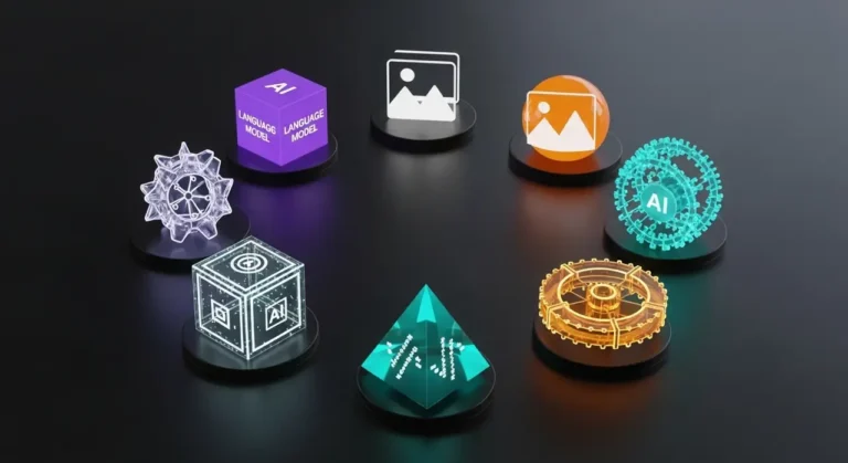 Conjunto de herramientas de inteligencia artificial representadas como objetos 3D brillantes: modelo de lenguaje, generación de imagen, código y automatización