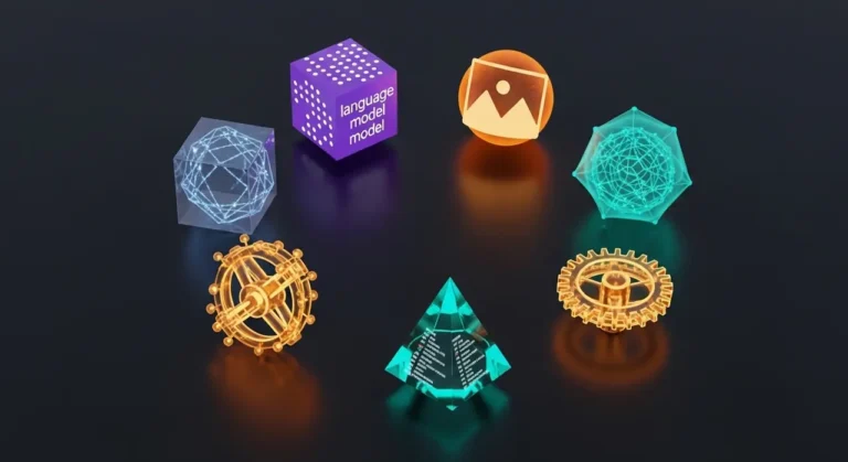 Colección visual de herramientas IA: cubo LLM morado, esfera de imágenes naranja, pirámide de código teal sobre fondo oscuro