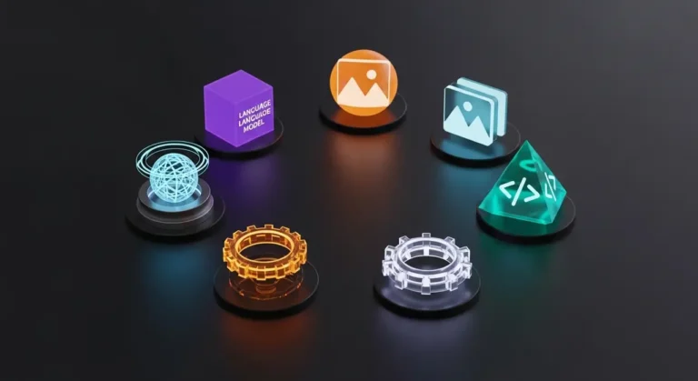 Ecosistema de inteligencia artificial con objetos 3D que representan las principales herramientas tecnológicas actuales